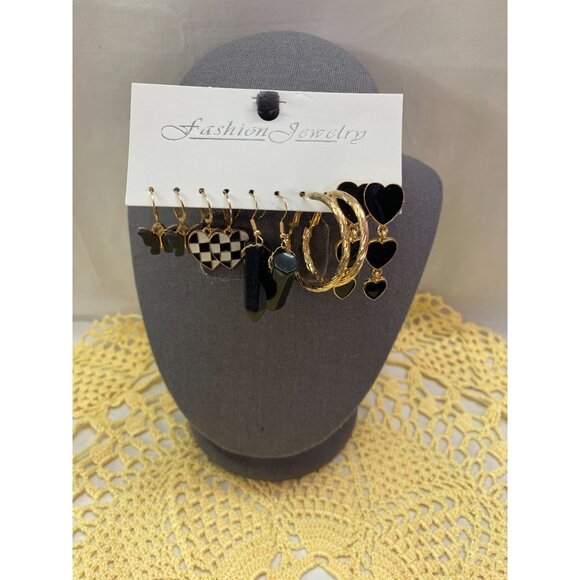 Fashion Jewelry Set of 10 pairs of Black & Gold Heart & Butterfly Earrings - Picture 1 of 6